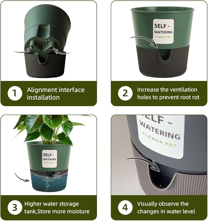5/6.5/7.5 Inch Self Watering Pots for Indoor/Outdoor ,4 Pack plastic Planters for Indoor Plants with Drainage Holes and Saucers, Modern Decorative Flower Pot for Plants (Green, 5-Inch, 4-Pack)