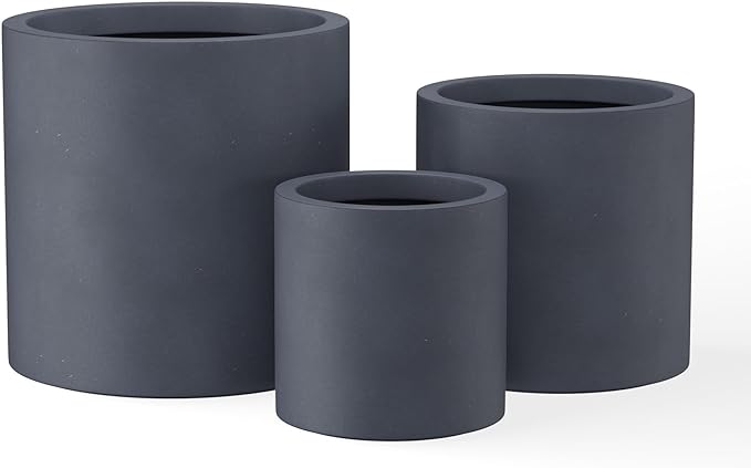 Kante 9.8",12.6",15.7" Dia Round Concrete Planter Set of 3, Modern Style Large Cylindrical Plant Pot with Drainage Hole and Rubber Plug for Indoor Outdoor Patio, Dark Gray