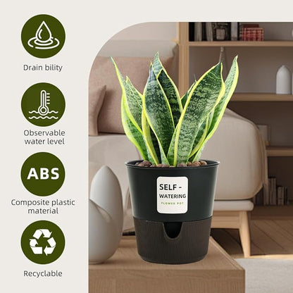 Flower and Plant Pot, Self Watering Plastic Plants Planter with Drainage Holes and Saucers, Modern Outdoor Indoor Decorative Flower Pot for Plants, Flowers, Herbs, Succulents (Grey, 7.5 inch)