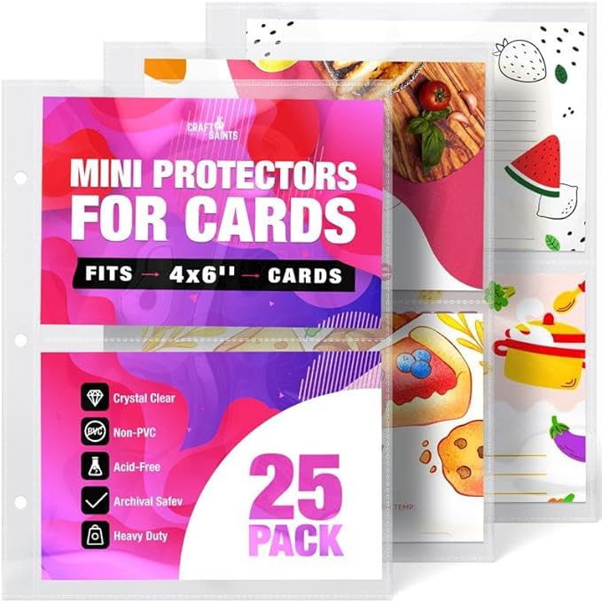 50 Pockets Mini Sheet Protectors fit 4x6'' Cards (Pack of 25) for 8.5x9.5’’ Mini Binders, Half Binders, Recipe Book Page Refill Sheets, 2 Pocket Index Card Protectors, Crystal Clear Covers