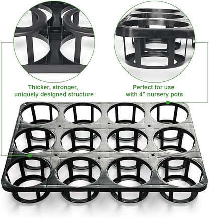 12 Cell Round Nursery Pots Tray, Plant Pot Shuttle Carry Holder and Trays for 4 inch Round Plastic Nursery Pots Flowerpot Carrier Transporting (16.75" 12.43", 2.1" Deep, 5-Pack)
