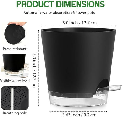 Self Watering Pots for Plants, 2026 New Flower Plant Pots with Drainage Holes, Wicking and Clear Reservoirs for Succulent, Aloe, Cacti and Others - 6 Pack (Black, 5")