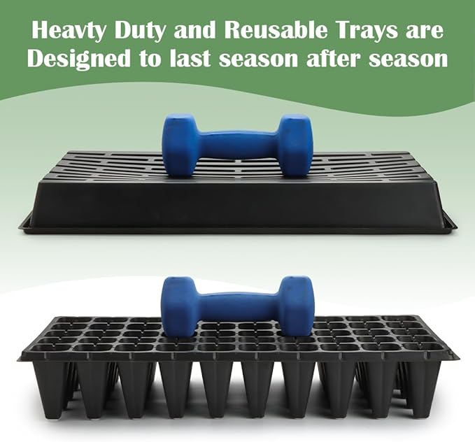 10 Pack 1020 Trays and 10 Pack 3.5" Deep 50 Cell Seed Starter Trays, 20" x 10" - Durable Plastic Nursery Flats for Microgreens, Seedling,Seed Germination & Plant Propagation (10 Set)
