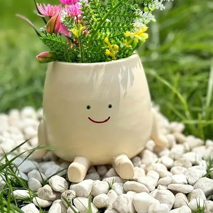 Smiley Face Planter Pot – Small Cute Resin Flower Head Planter with Drainage Hole, Succulent Pot for Indoor & Outdoor Home Décor