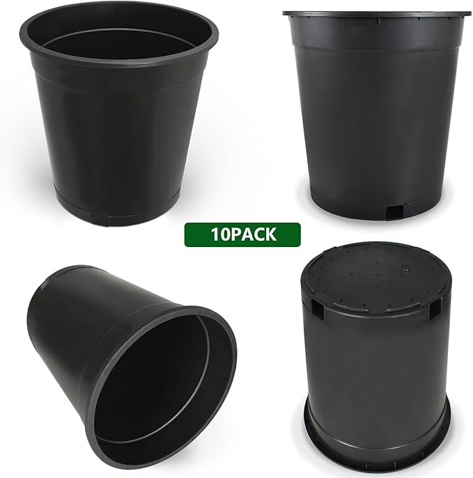 10-Pack 5 Gallon Round Planter Nursery Pots, Flower Plant Container Injection Molded Plastic Gardening Pots for Indoor Outdoor Vegetables, Succulents, Black