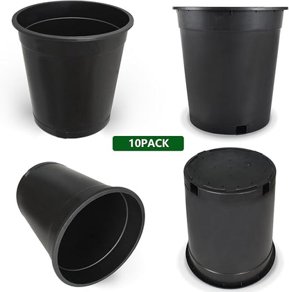 10-Pack 5 Gallon Round Planter Nursery Pots, Flower Plant Container Injection Molded Plastic Gardening Pots for Indoor Outdoor Vegetables, Succulents, Black