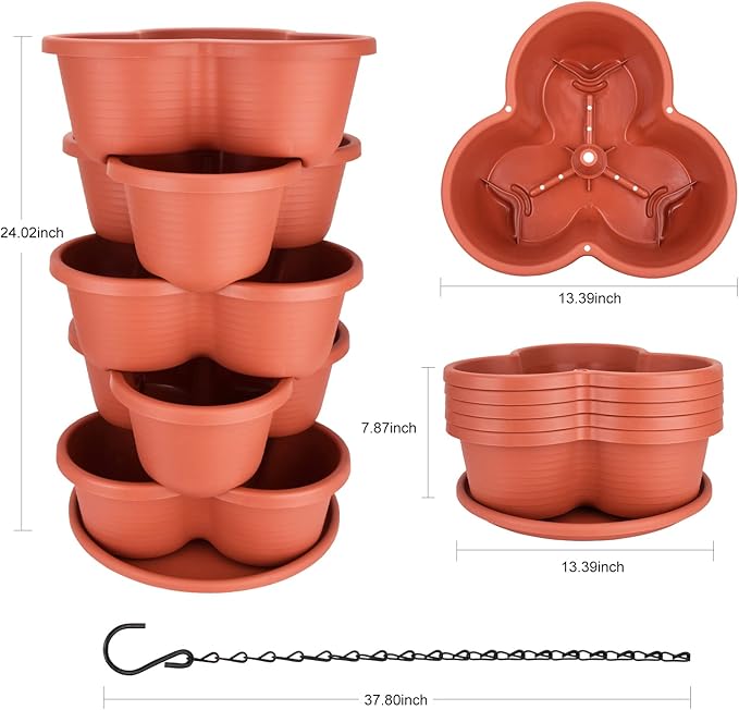 5 Tier Vertical Planters Stackable Gardening Planter for Strawberries, Flowers, Herb and Vegetables, Brick Red
