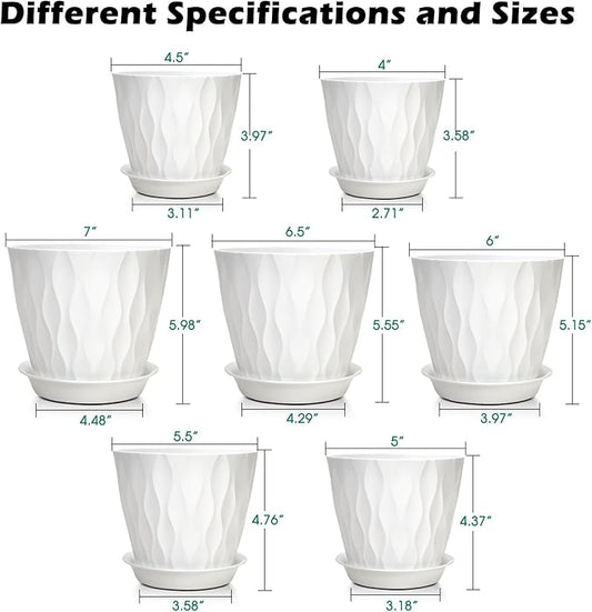 GARDIFE 7/6.5/6/5.5/5/4.5/4 inch Plant Pots, 7 Pack Flower Pots Indoor Outdoor, Planters with Drainage Holes and Tray Saucers (White)