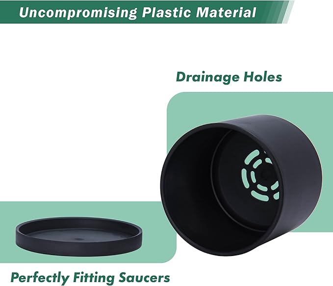 D'vine Dev 6 Pack 4.5 Inch Modern Plastic Plant Pots, Small Garden Planters for Plant with Drainage Holes and Saucers, Black Color, 74-Y-F-3