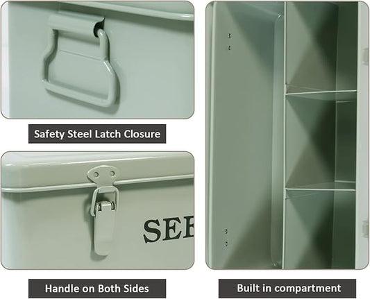 Seed Storage Box Metal Container Organizer, 4-Compartment Garden Seed Box with Safety Locks - Grayish Green