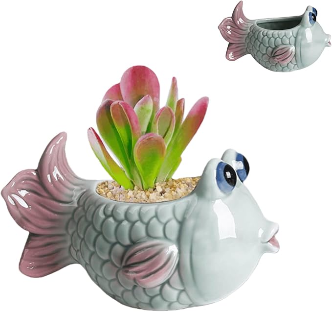 6 Inch Vintage Tropical Fish Ceramic Planter, Cute Cartoon Succulent Cactus Bonsai Pot, Air Plant Holder Display Container for Home Office Desk Shelf Windowsill Decor (No Plants)