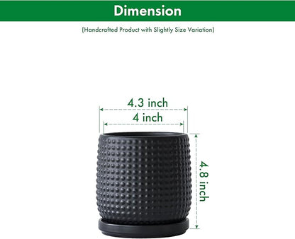 D'vine Dev 4 Inch Ceramic Beaded Stoneware Planter Pot - Flower Pot with Drainage Holes and Saucers for Indoor Succulent Plants or Flowers, Ebony Matte, 27-C-Z-6