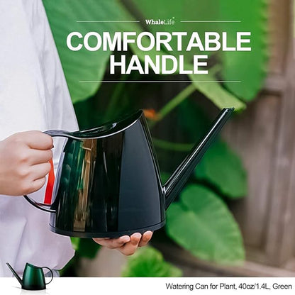 WhaleLife Small Indoor Watering Can for House Plants - Stylish Green Plastic Watering Pitcher with Long Spout for Potted Plants, Succulents, and Desk Gardens 1.4L