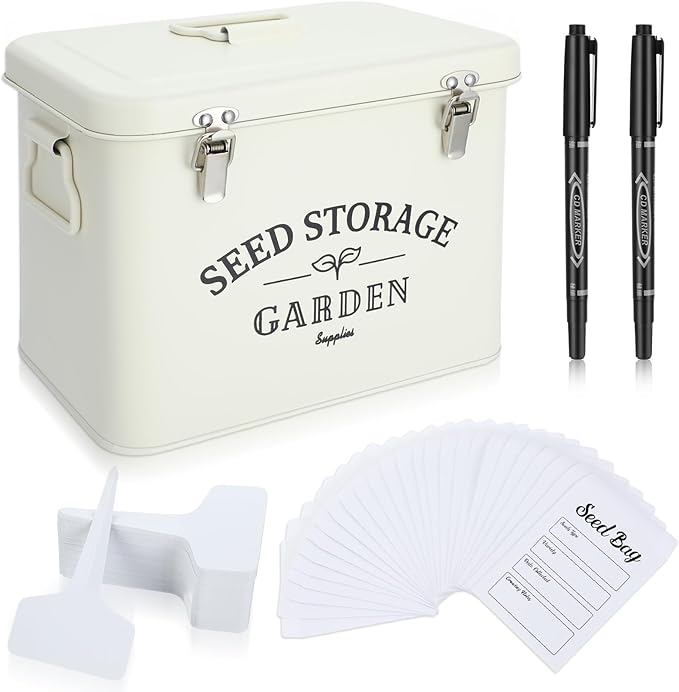 Maitys Seed Storage Container Box with Lid Garden Seed Packet Storage Organizer Decorative with Dividers and 100 Plant Labels 50 Seeding Envelopes 2 Marker Pens(Stylish,8.5 x 5.5 x 6.7)