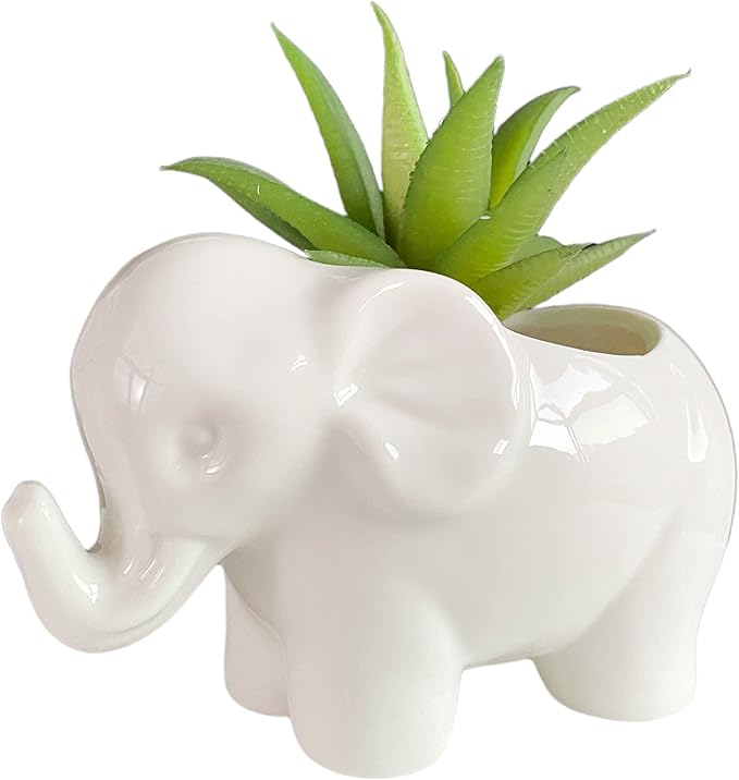 Cute Animal Elephant Shaped Ceramic Succulent Cactus Air Plant Flower Pots Planters-Plant Not Included (Small White)