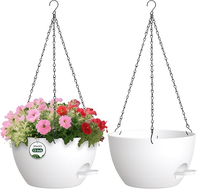 2 Pack 12 Hanging Flower Pots with Chains - Self Watering Plastic Planters for Indoor & Outdoor Plants, Sturdy Triangular Iron Chain Design for Garden PorchPlastic Hanging Flower pots (White)