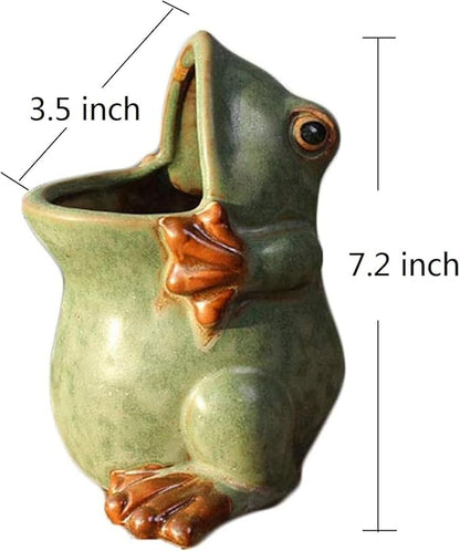 Ceramic Succulent Plant Pot Cactus Plant Pot Flower Pot Container Planter with Drainage Hole Home Office Desk Garden Gift Idea Animal Shaped Flower Pot Cute Vase Pot (Large Frog)