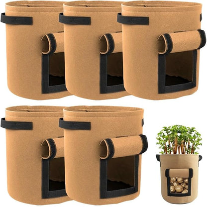 Potato Grow Bags, Thickened 300G Nonwoven Fabric Grow Bags with Handles, Grow Bag for Tomato, Vegetables, and Potatoes, Heavy Duty Planting Pots, Reusable Plant Grow Bags (5pcs Brown, 10 Gallon)