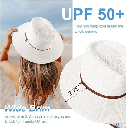 DRESHOW Women Straw Panama Hat Travel Fedora Beach Sun Hat Summer Wide Brim Straw Roll up Hat UPF 50+