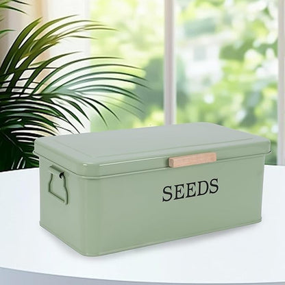 Seed Storage Organizer with 4 Dividers,Metal Seed Saving Box with Lid, Seeds Bin Storage Container Kit with 2 Pens,20 Plant Labels and 50 Seeds Envelopes, Perfect for Flower Plants Garden