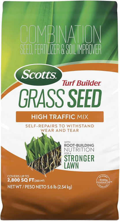 Scotts Turf Builder Grass Seed High Traffic Mix with Fertilizer and Soil Improver, Self-Repairs, 5.6 lbs.