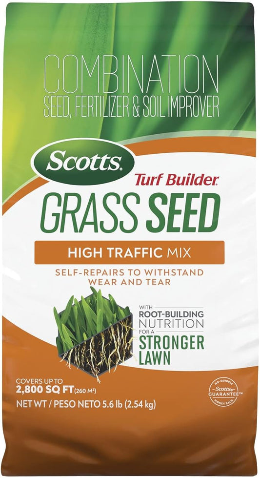 Scotts Turf Builder Grass Seed High Traffic Mix with Fertilizer and Soil Improver, Self-Repairs, 5.6 lbs.