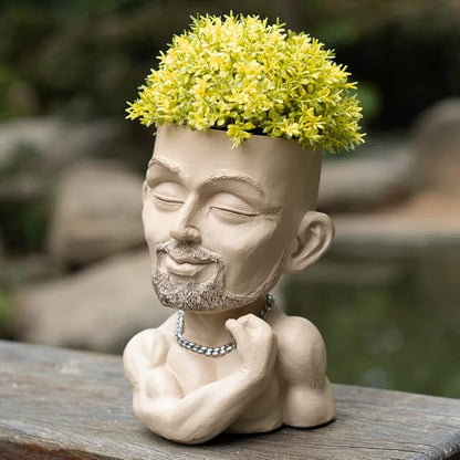 Unique Plant Pots Face Planters, Funny Plant Pots Head Planter, Men Face Planters Pots Head, Beefcake Face Vase with Drainage Hole (Khaki)