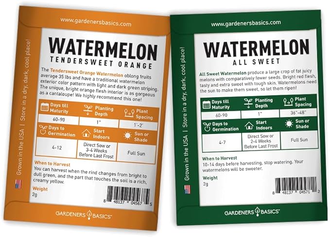 Gardeners Basics Watermelon Fruit Seeds for Planting Home Garden 5 Variety Packets - Crimson Sweet, Jubilee Improved, Tendersweet Orange, Charleston Grey, and All Sweet Watermelon Seed Packs