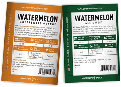 Gardeners Basics Watermelon Fruit Seeds for Planting Home Garden 5 Variety Packets - Crimson Sweet, Jubilee Improved, Tendersweet Orange, Charleston Grey, and All Sweet Watermelon Seed Packs