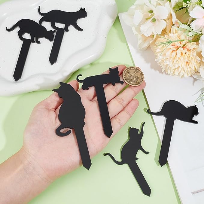 OLYCRAFT 6pcs 6-Style Black Acrylic Cat Plant Decoration Animals Themed Acrylic Stakes Acrylic Plant Label Signs 3.3~4.1 Inch Length for Flower Pot Planter Flowers and Plants Potted