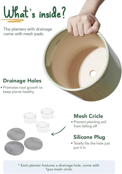 LE TAUCI Ceramic Pots for Plants, 10/8/6 Inch Indoor Planters with Draiange Hole, Silicone Plug & Mesh Pad, Modern Minimalist Pots for Home Office, Set of 3, Glossy, Sage Green
