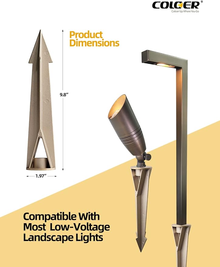 COLOER Brass Landscape Lights 9.8 inches In-Ground Stake Spikes Replacement 1/2" NPS Thread Without Side Wire Way, Universal Ground Stakes Heavy Duty for Outdoor Garden Lights(2 Pack)