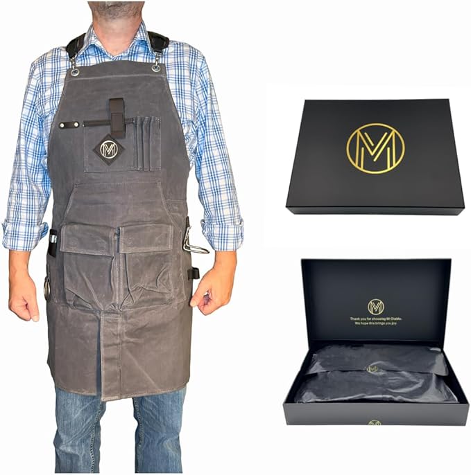 Mt Diablo 16oz - Woodworking Apron - Work Apron with Duck Weave Paraffin Waxed Canvas, Genuine Leather - Fits XS-XL