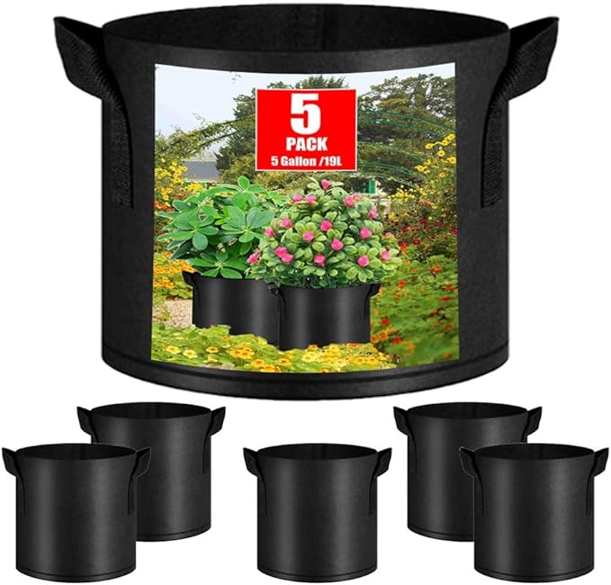 5-Packs 5 Gallon Plant Grow Bags, Heavy Duty Thickened Nonwoven Fabric Pots with Handles,Garden Grow Bags, Heavy Duty Gardening Planter bag for Vegetables Flowers Fruits, Black,Set of 5 (5gallon)