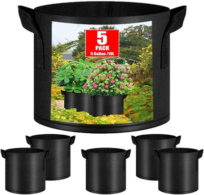 5-Packs 5 Gallon Plant Grow Bags, Heavy Duty Thickened Nonwoven Fabric Pots with Handles,Garden Grow Bags, Heavy Duty Gardening Planter bag for Vegetables Flowers Fruits, Black,Set of 5 (5gallon)