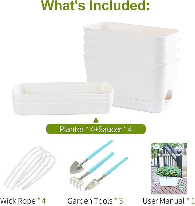 Self Watering Planters: 4 Packs Rectangular Plant Pots with with Drainage and Tray, 10 Inch Window Pot Self Watering Planter for Herb, Houseplants