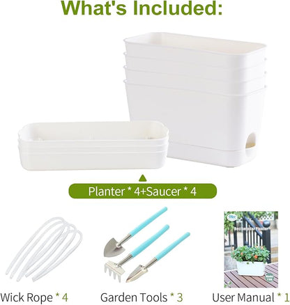 Self Watering Planters: 4 Packs Rectangular Plant Pots with with Drainage and Tray, 10 Inch Window Pot Self Watering Planter for Herb, Houseplants