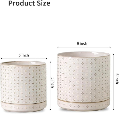 Plant Pots, 5+6 inch Planters Set of 2, Ceramic Pot for Indoor Plants with Drainage Hole and Saucer, Small Flower Pot for Succulent, White