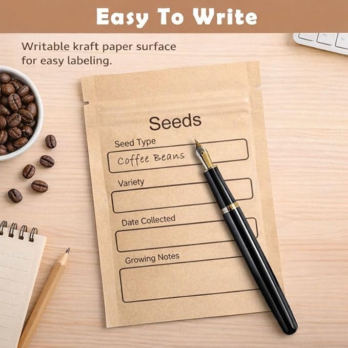 100 Pack Resealable Seed Packets with Clear Window, 4.72 x 3.15 Inch Kraft Paper Seed Packets Envelopes, Self-adhesive Sealing & Preprinted Templates for Seed Storage, Seed Organizer