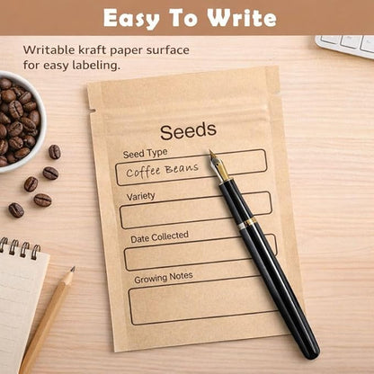 100 Pack Resealable Seed Packets with Clear Window, 4.72 x 3.15 Inch Kraft Paper Seed Packets Envelopes, Self-adhesive Sealing & Preprinted Templates for Seed Storage, Seed Organizer