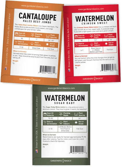 Gardeners Basics, Melon Fruit Seeds for Planting Home Garden 5 Variety Packs - Hales Best Cantaloupe, Crimson Sweet Watermelon, Yellow Canary Melon, Green Flesh Honeydew Melon, Sugar Baby Watermelon