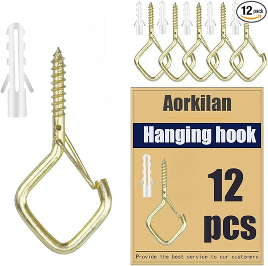 12-Pack Heavy-Duty Golden Screw Eye Hooks with Safety Clips | Metal Ceiling Hooks for Hanging Plants, Wind Chimes, Bird Feeders & Indoor/Outdoor Lights