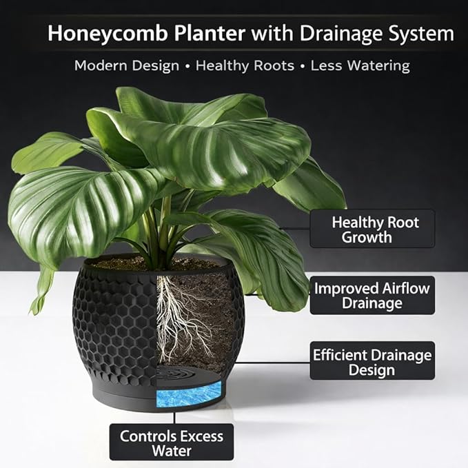 Plant Pots, Modern 3D Printed Honeycomb Planters for Indoor Plants, 4.7/6/8 Inch Matte Black Decorative Flower Pot for Office Desktop, Bookshelf & Home Decor, Lightweight & Durable