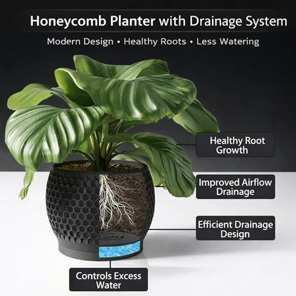 Plant Pots, Modern 3D Printed Honeycomb Planters for Indoor Plants, 4.7/6/8 Inch Matte Black Decorative Flower Pot for Office Desktop, Bookshelf & Home Decor, Lightweight & Durable