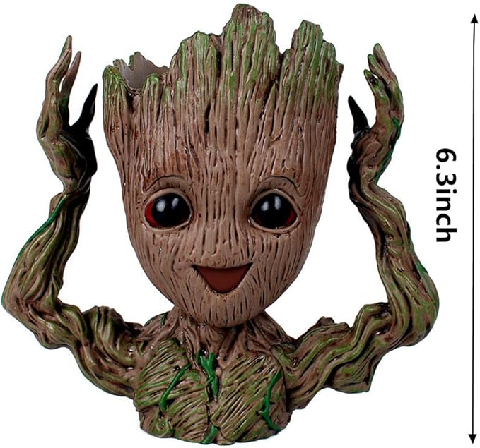 6" Cute Baby Groot Planter Pot, Smile Face Planters Head for Indoor Plant or Funny Pen Holder Flower Pot with Drainage Hole for a Tiny Succulents Plants Home Office Decor Gift Idea