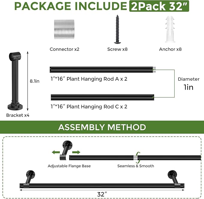 2 Pack Window Plant Hanger Indoor, 32 Inch Heavy Duty Plant Hanging Rod, 1 Inch Metal Hanging Plant Holder for Window Wall, Matte Black Round Flange Base, Pot Not Included