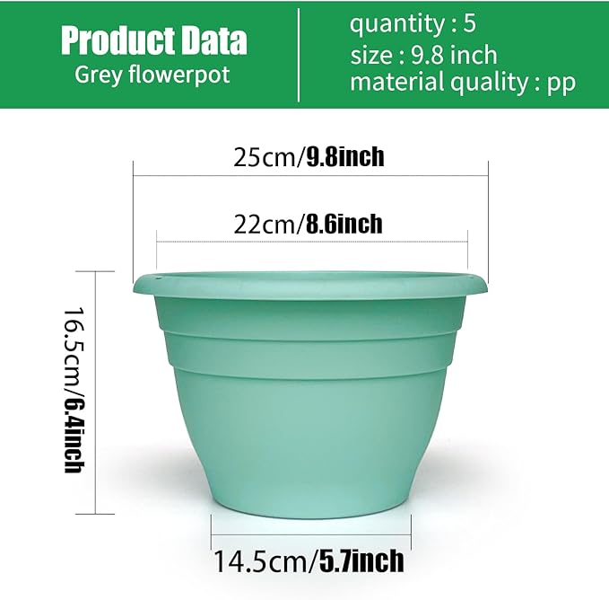 Plant Pots Set of 5,10" Outside Diameter Flower Pots, 6.4" Depth Plant Planters with Drainage Hole, Durable Garden Pots Perfect for Indoor & Outdoor Plant Planting,Decor(Blue)