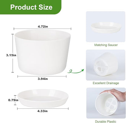 4.7 Inch Plastic Plant Pots, Round Classic Planters with Drainage Holes and Saucers for Indoor Outdoor Plants, Perfect for African Violet, Snake Plant, Succulents (White 8 Pack)