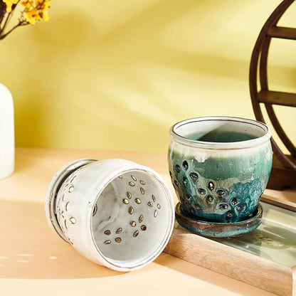 Orchid Pots with Holes Attached Saucers 4.6 Inches - 2 Pcs Small Ceramic Pots for Repotting, Decorative Ceramic Orchid Planter with Hole for Healthy Root Growth White Green