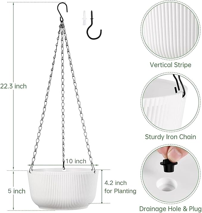 White Hanging Planters for Indoor Outdoor Plants, Set of 2 10 Inch Self-Watering Hanging Pots with Drainage Hole & Plug II Screw-in Hooks II